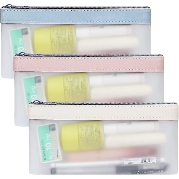 3-pack pennfodral, transparenta pennfodral, TPU-blixtlåspennfodral, pennförvaringspåse, sminkväska för kvinnor, bärbar kontorsmaterialpåse för