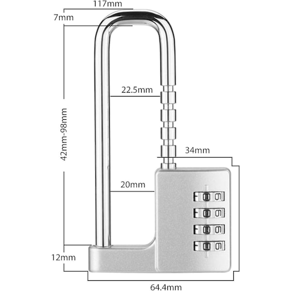 Justerbar kombinasjonslås, 98-42 mm hengelås, stor, laget av sinklegering og stål, 7 mm hengelås, lås med kodebeskyttende deksel