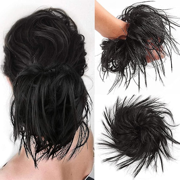 Black Updo Messy Bun Hair Piece Hair Extension Ponytail With Elastic Rubber Band