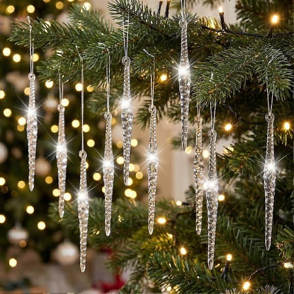 Gjennomsiktige istapp-pynt i akryl til jul med vridd spiraldesign og sølvtråd E