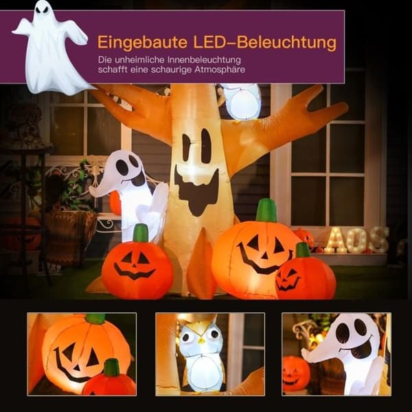 240 cm oppblåsbart lysende Halloween-spøkelsestre med 3 gresskar, spøkelse og ugle - Halloween-dekorasjon