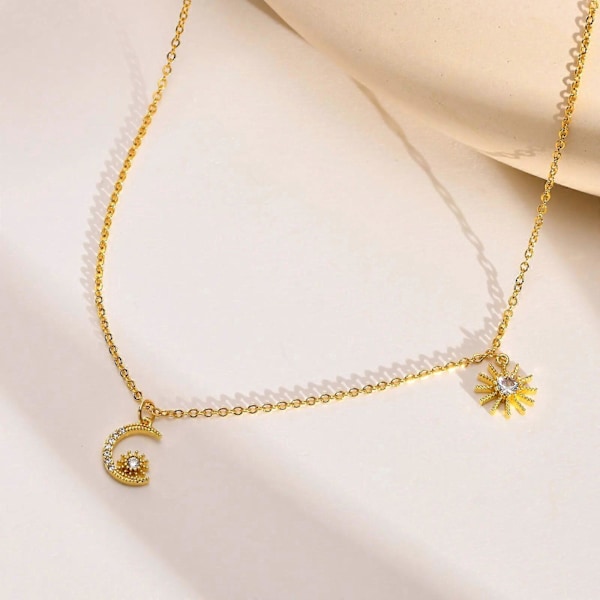 Månhalsband för kvinnor, Bling AAA CZ Sten Stjärna Solberlock Halsband, Guld Färg Hänge, Chic Fint Flickhalsband
