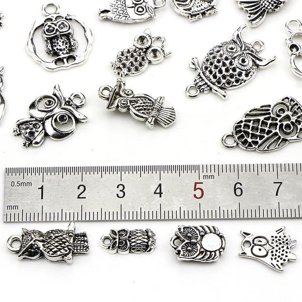 30 stk/sett Dyr Lucky Dangle anheng Antikk sølv Ugle Charms For Smykker