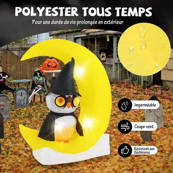 Oppblåsbar Halloween-dekorasjon: ugle på måne, LED-lys, 130 x 155 cm, polyester, IP44-klassifisert for hagebruk