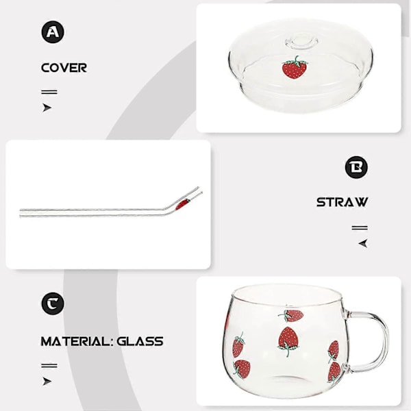 Glasmug med lock och sugrör Söt jordgubbsdrickskopp Klar kaffemugg Mjölkmugg Vattenkopp Tekopp för te juice varmt kallt vatten Transparent