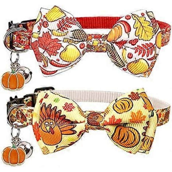 2-pack Katt Halsband Thanksgiving med Avtagbar Spänne och Klocka, Fluga Höst Katt Halsband Semester Kalkon Pumpa Halsband Valp Kattunge