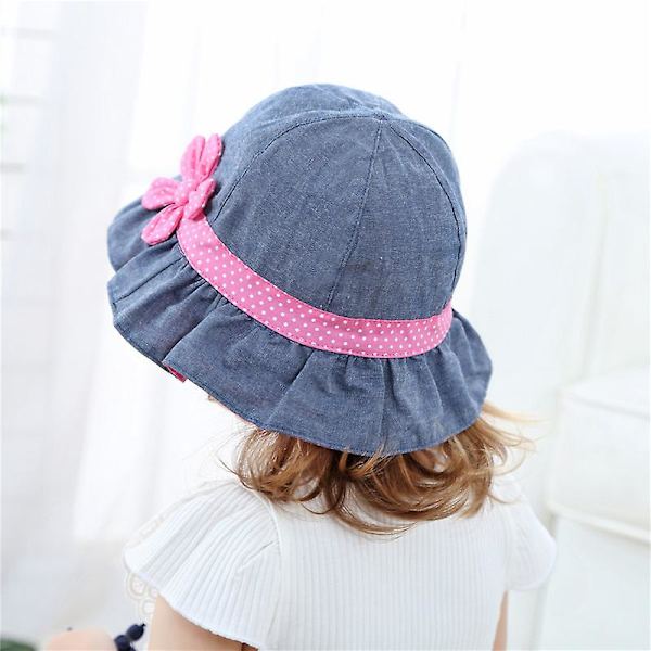 Dww- 2 stk. Pige Denim Solhat til Baby Børn Polka Bånd og Magenta Blomst Fiskeri Hat Forår og Bomuld Hatte Hovedstørrelse: 50 Håndvask Kun Lukning: Velcro-lukning