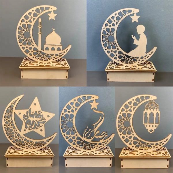 5st Ramadan Lykta LED Trä Månstjärna Ljus Dekoration Ramadan Eid Heminredning Hantverk Ramadan Dekoration