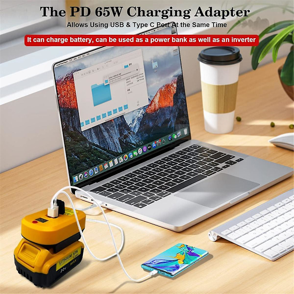 USB C-oplader til 20V batteri, 2 porte med USB-C og USB-A, 65W hurtigoplader PD 3.0 strømadapter USB-strømforsyning (gul)