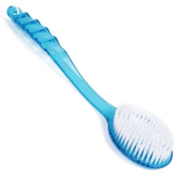 Blå långskaftad borste används för att massera och tvätta rygg-, dusch- och badtvätthjälpmedel