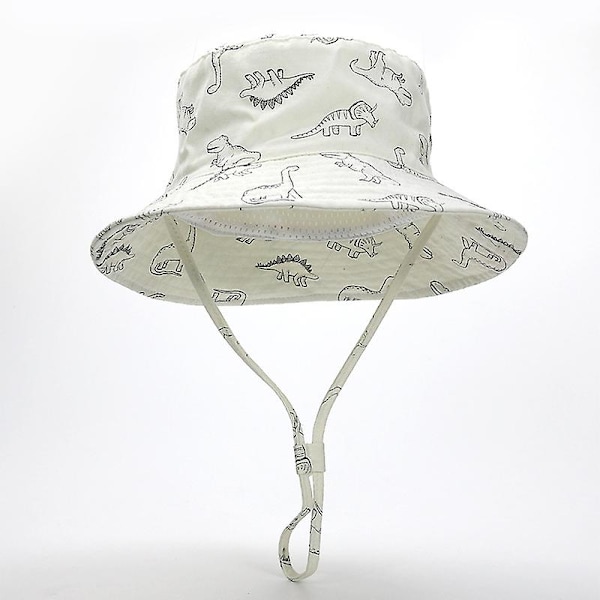 Dww-Vit Dinosaurie-50cm Bred Brätte Solhatt Baby Barn Sommarhatt för Pojke Flicka Anti-UV Justerbar Mössa