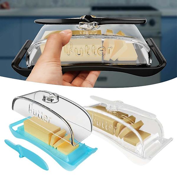 Plastbehållare för smör med lock, knivar, transparent ostförvaringslåda, köksförvaringstillbehör (vit)