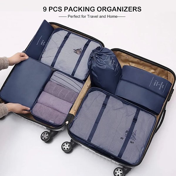 Resväska Packningskuber - 9-delars Resväska Packningskuber Lätt Resväska Organizer Set Bagage Packnings Organizer - Marinblå