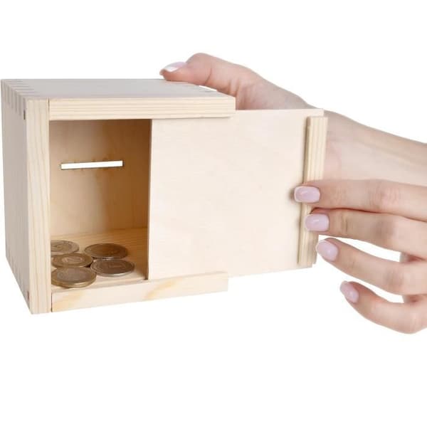 Træpengeboks - CREATIVE DECO - Firkantet - 9,5 x 9,5 x 9 cm - Kan tilpasses - Indendørs