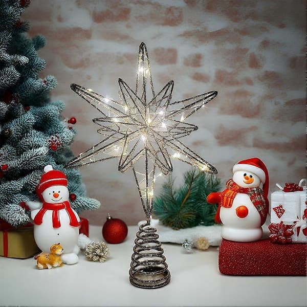 Julgransstjärna LED-belyst järntråd glitter geometrisk batteridriven silver