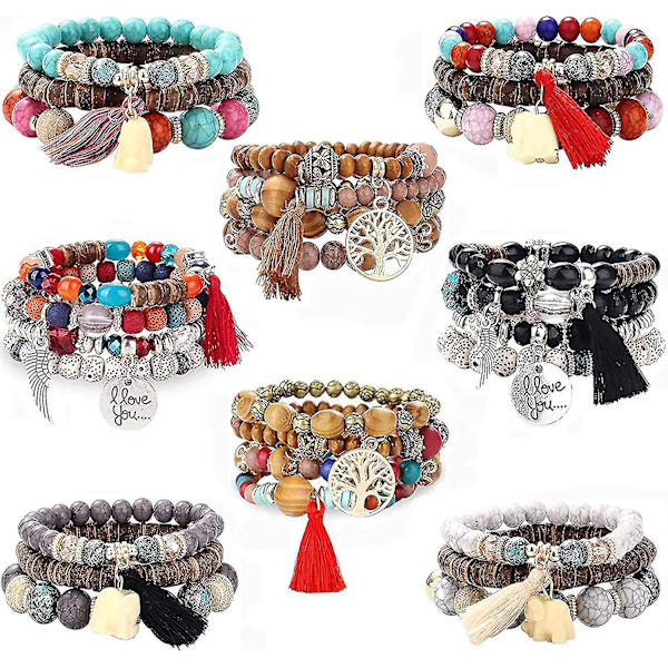 8 st Heilwiy bohemiska träpärlar armband set för kvinnor boho flerskikts tofs strand elefant present