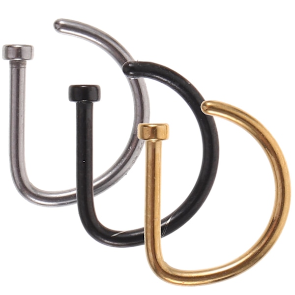 3 stk. Metal D-formede næseringe hoops rustfrit stål åbne næsebor studs（0.2X0.9X1.1CM，som vist）