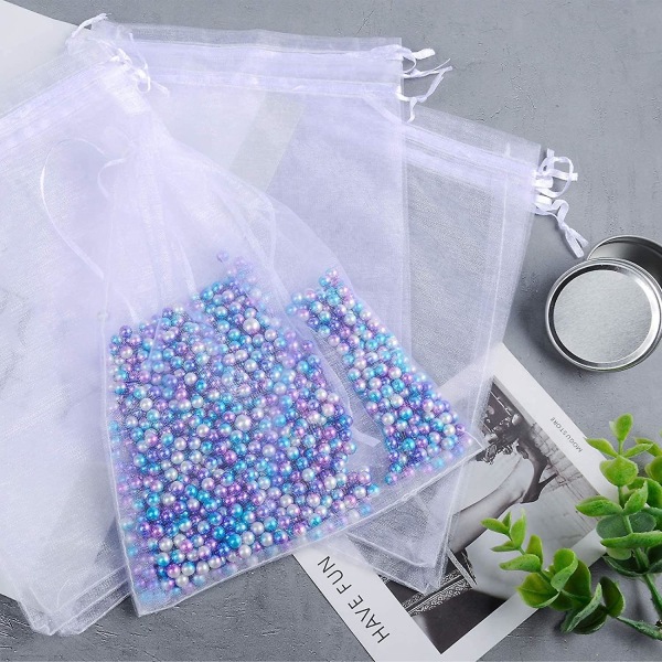 50 stk. Organzaposer 6x9 tommer Snøregaveposer Mesh Gaveposer Hvid Sheer