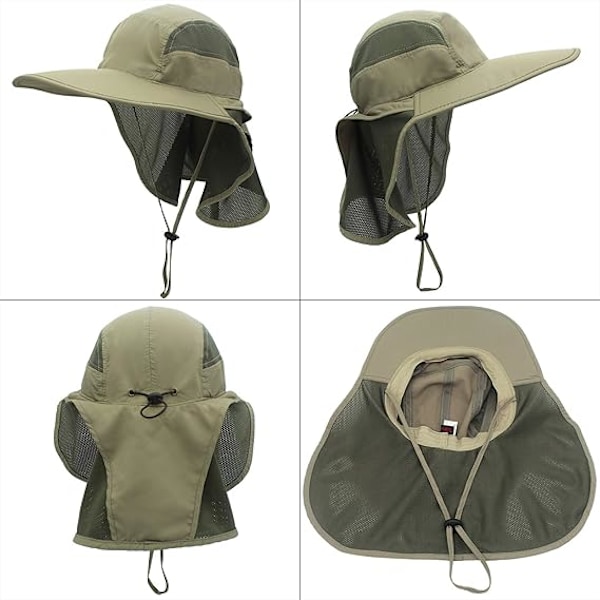 Solhatt, Herr, Dam, UPF 50+ Utomhus UV Sommarkeps med Nackskydd, Vandring, Fiskehatt, Strand Vikbar（Militärgrön）