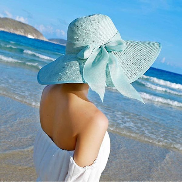 Kvinde Bredskygget Solbeskyttelse Halmhat, foldebar Floppy Hat, sommer UV-beskyttelse Strand Cap（Grøn）