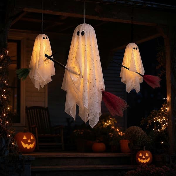 Sæt med hængende polyester-spøgelser med LED-lys til udendørs Halloween-havepynt No lights