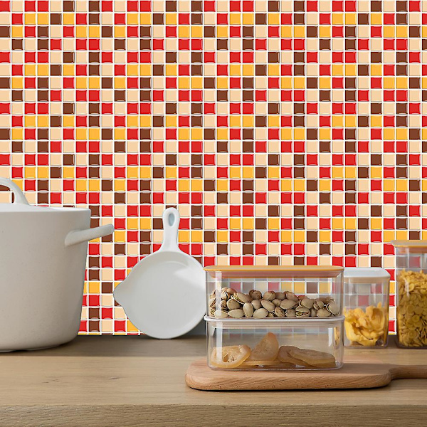 Dww-24 Pices Petites Grilles Autocollantes 10x20cm-Rouge Jaune, Cuisine Salle de Bain Stickers Bibliothque, PVC Stickers, Vintage Wall Stickers Waterp