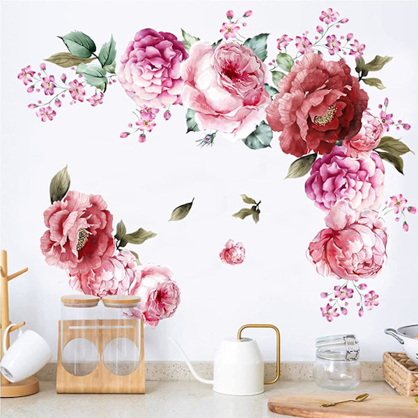 Peony Flowers Wall Sticker 3D Floral Decals, Peel and Stick Waterproof PVC Rose Flowers Wallpaper Decor