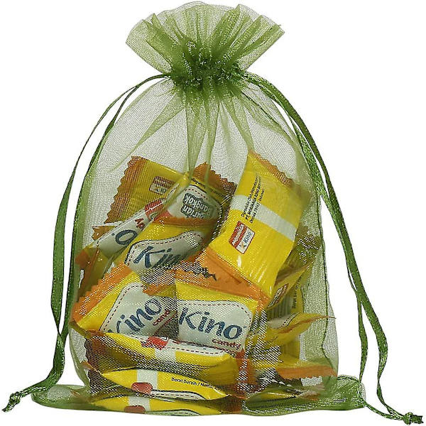 100 stk. Organza-poser med snøre i olivengrøn, 4 x 6 tommer sliknetposer
