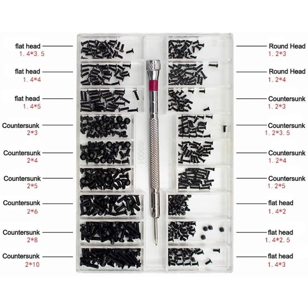 Dhrs 500 st Micro Tiny Reparations Screw Kit, med skruvmejsel, liten rostfri skruv sortimentssats, 18 storlekar, för glasögon, bärbar dator, smycken