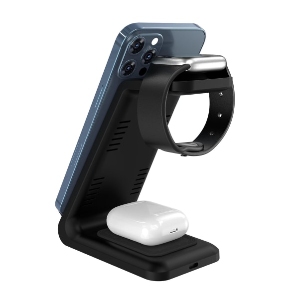 15w tre-i-ett laddstation. Qi trådlös laddningsbas för 2 smartphones, hörlurar och Apple Watch. Mått: 11x7x13 cm (svart)