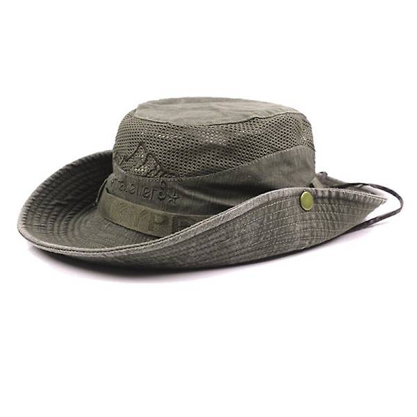 Mænd Bomuld Broderi Hat Udendørs Solbeskyttelse Bred Skygge Foldbar Boonie Bucket Hat(Grå)
