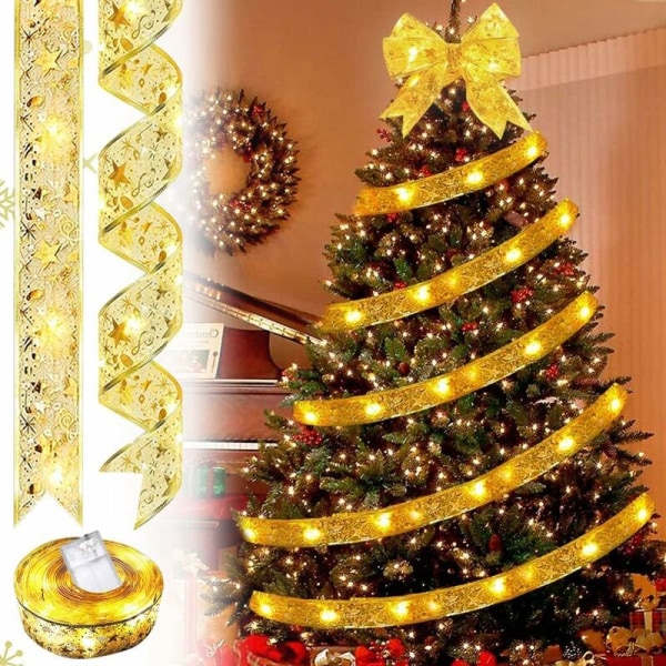 Glitter juletræsbånd LED lysguirlande til juletræsdekoration - (varmt lys) Længde: 10m,