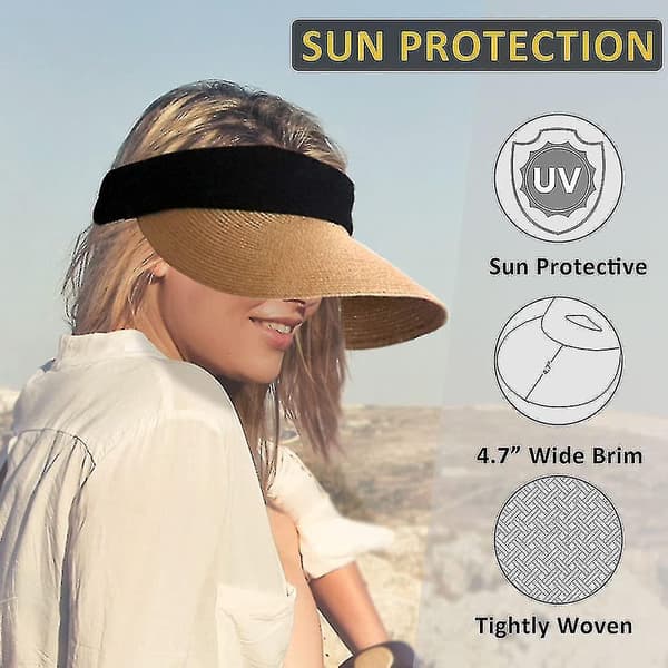 Kvinners Solhatt Halm Sol Visor Hat Bred Brede Brede Sommer Uv Beskyttelse Strand Cap Foldable Packale（brun）