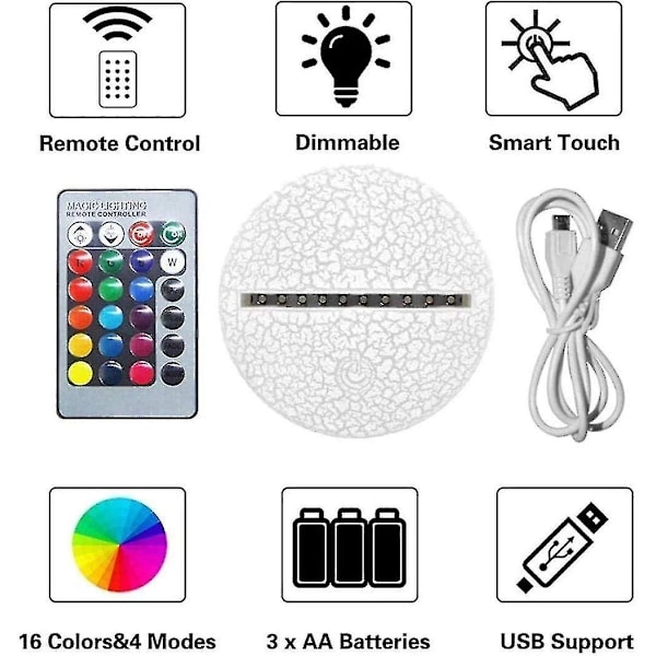 Vacker present 3d LED-lampa, 16-färgad USB-fjärrkontroll nattlampa, barnens födelsedagspresent