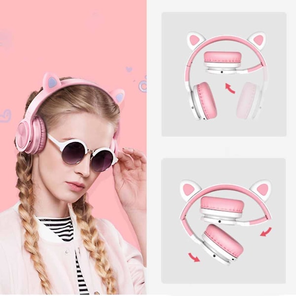 Bluetooth-hörlurar med kattöron, LED, trådlösa, hopfällbara, over-ear-hörlurar - rosa