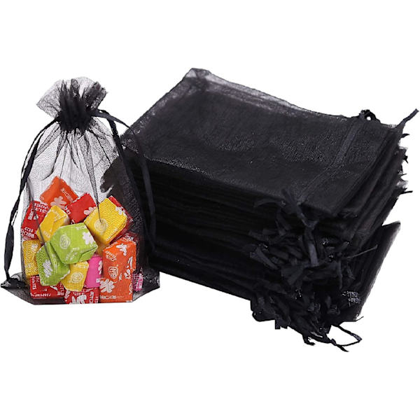 100 kpl 5x7 tuuman musta organza-pussi, jossa nyöri, hääjuhlalahjapussi