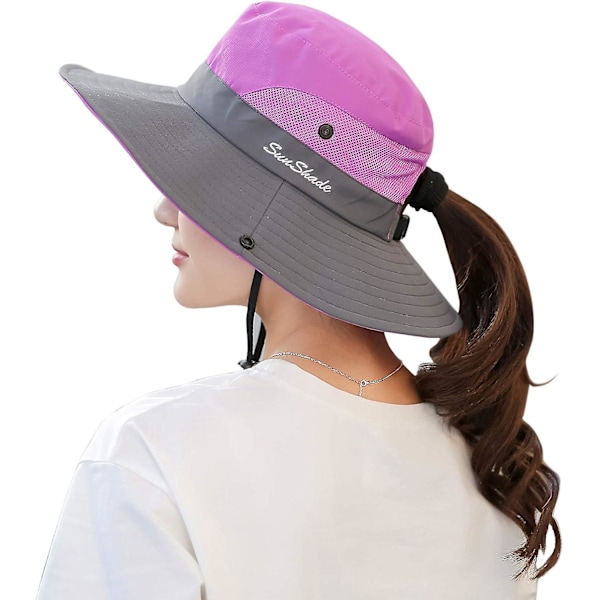 Dame Hestehale Solhatt UV-beskyttelse Foldbar Mesh Bred Bremskjerm Strand Fiskehatt（Lilla）
