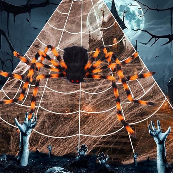 Kæmpe Halloween Edderkop Udendørs Dekoration: 200 cm Sort og Gul Halloween Edderkoppespind