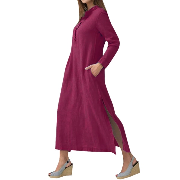 Casual Maxiklänning för kvinnor Långärmad sidficka Slits Vintage Robe Maxiklänning Vinröd 5XL