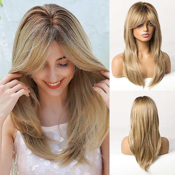 20 Inches Long Straight Light Blonde Layered Synthetic Hair Wigs For Women