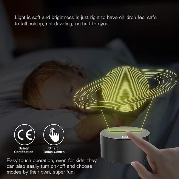 2024, 3D Saturn Ring Illusion Lamp LED Nattlampa med 7 Färger Ändring & Touch Switch USB-driven Sovrum Skrivbordslampa