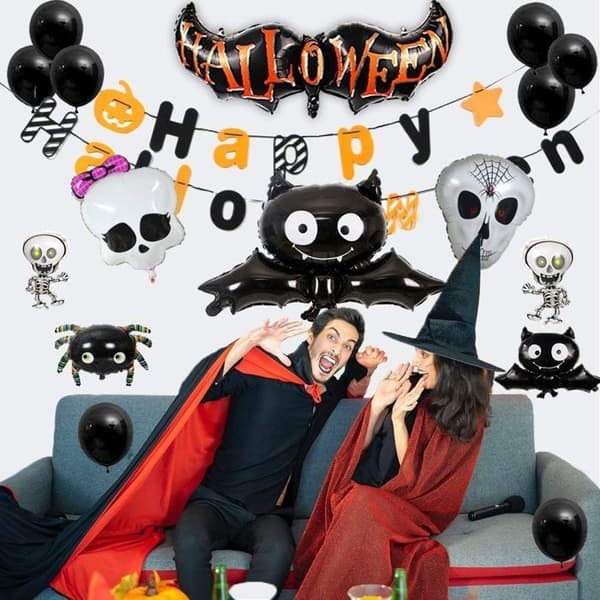 Halloween Dekorationssæt - WINLLINEE - Happy Halloween Banner - Sorte og Orange Balloner