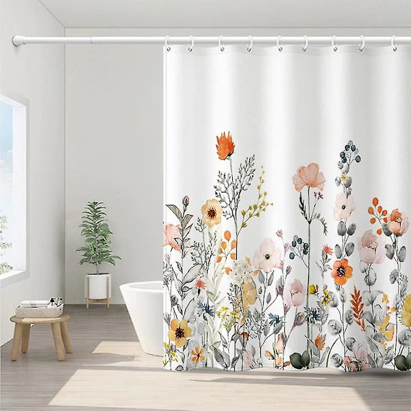 Blomsterbruseforhæng, stofbruseforhæng hvidt bruseforhæng - 71 tommer bred x 71 tommer lang med 12 kroge til hjem hotel maskinvaskbart gardin