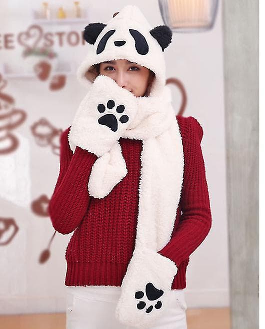 Vinter Panda Lue Skjerf Hanske Sett For Kvinner, varm Dame Siamese Hettegenser
