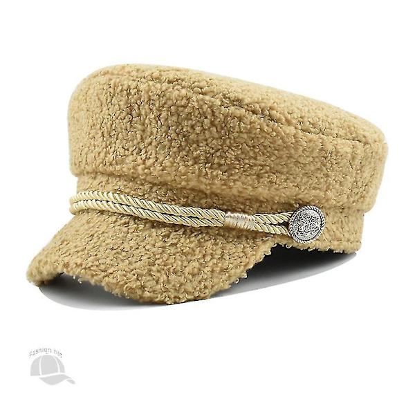 Hat Dame Lammeuld Navy Britisk Retro Ande Tunge Hat Efterår Og Vinter Casual Hundred Take Baret（Khaki）