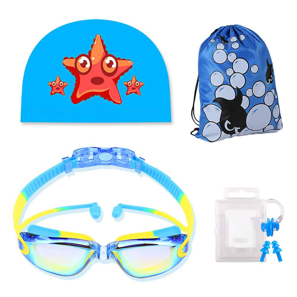 4-delat set (blå och gul) simglasögon, spegel anti-dimma och anti-UV simglasögon, gratis silikonhatt + näsklämma + öronproppar