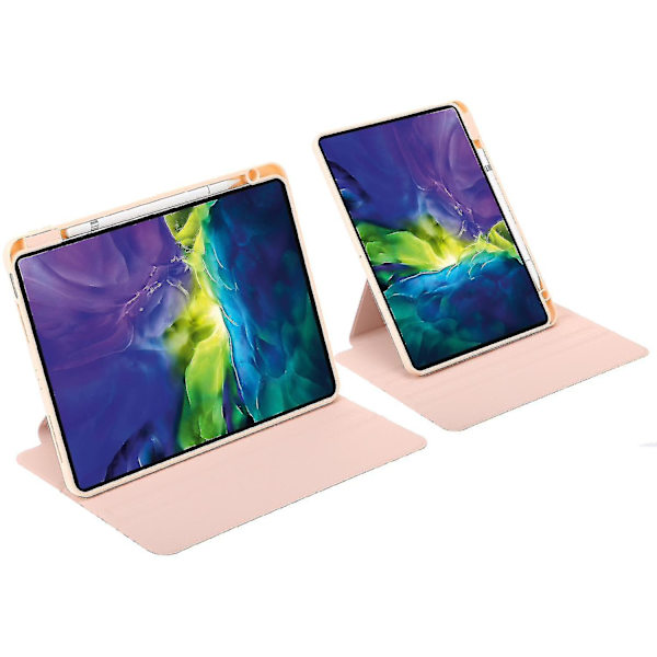 iPad Pro 12.9 -kotelo, kolminkertainen jalusta, automaattinen herätys-/unitila, PU-nahkaa + TPU + akryylinen pyörivä kansi (tyyppi B iPad Pro 12.9 (2020), vaaleanpunainen, vaaleanpunainen)