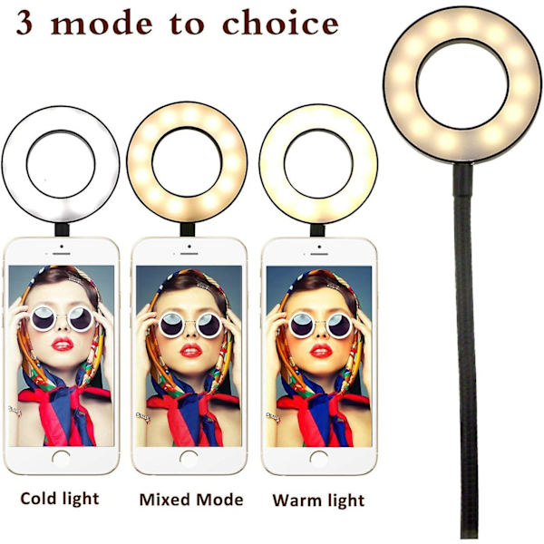 LED Selfie Lys 3 Tilstande og 10 Lysstyrkeniveauer LED Ring Lys Live Fotogen (Sort)