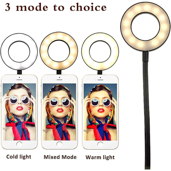 LED-selfievalo 3 tilaa ja 10 kirkkaustasoa LED-rengasvalo Live Photogenic (musta)