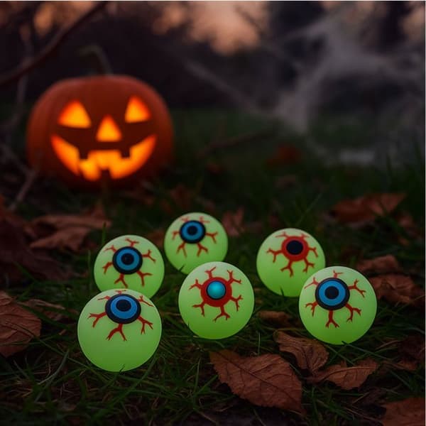 Sett med 6 selvlysende \"dummy\"-øyne til Halloween-dekorasjoner - Diameter 3 cm